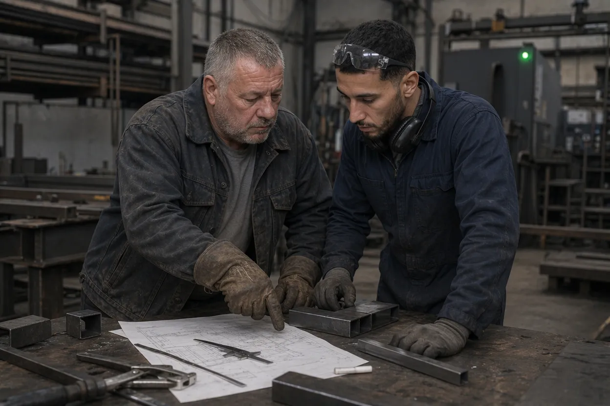 Twee vakmensen buigen zich samen over een werktekening in de hal