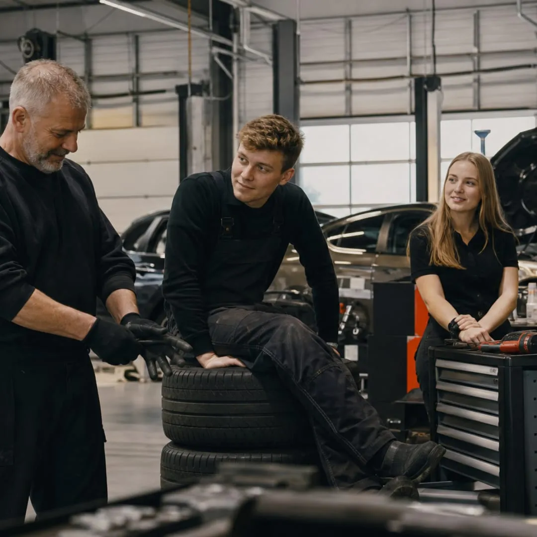 Drie vakmensen in de werkplaats, een ervaren monteur legt twee jonge collega's iets uit