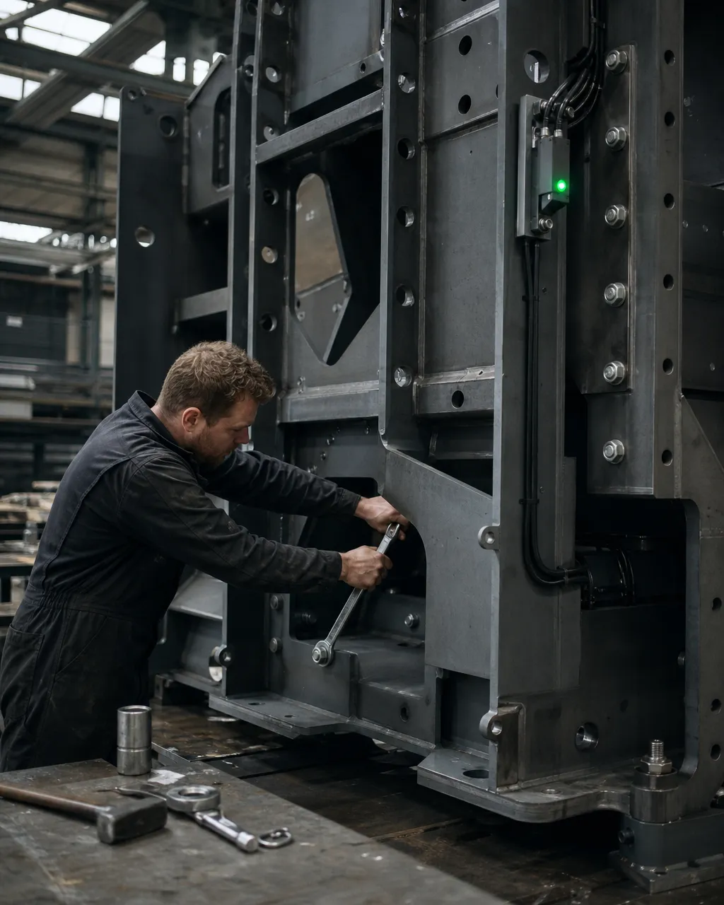 Monteur stelt een machine af in de productiehal